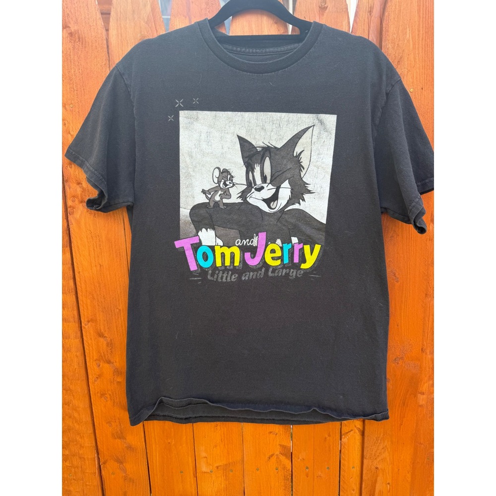 Tom and Jerry Little and Large Graphic T-Shirt Mens Medium Black Short Sleeve